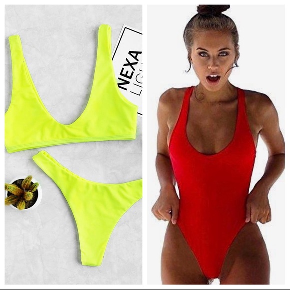 neon red bathing suit